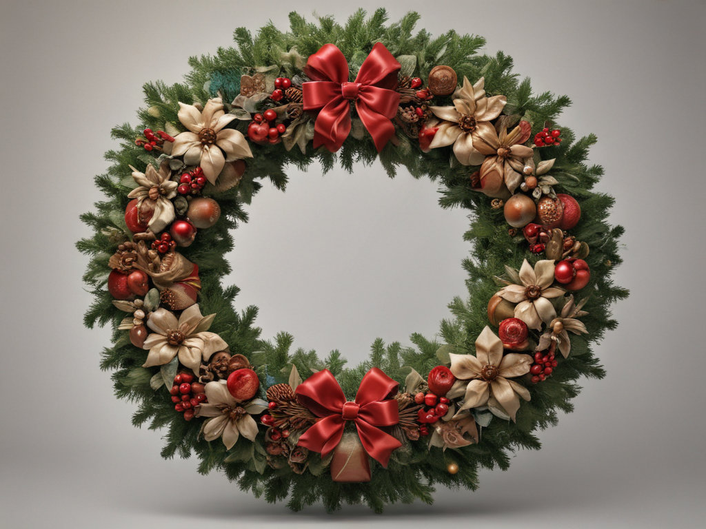 Elegant Christmas Wreath Adorned with Red Bows and Festive Decorations.