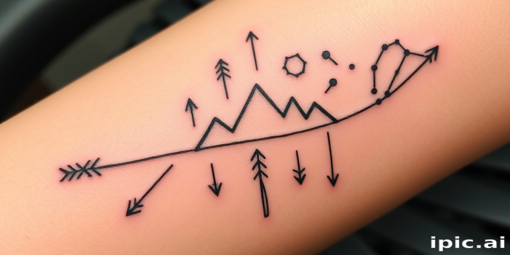 Stick and poke tattoo dubbed "Nomad's Journey" featuring simple, hand-poked designs of arrows, mountains, and constellations arranged in a meaningful pattern