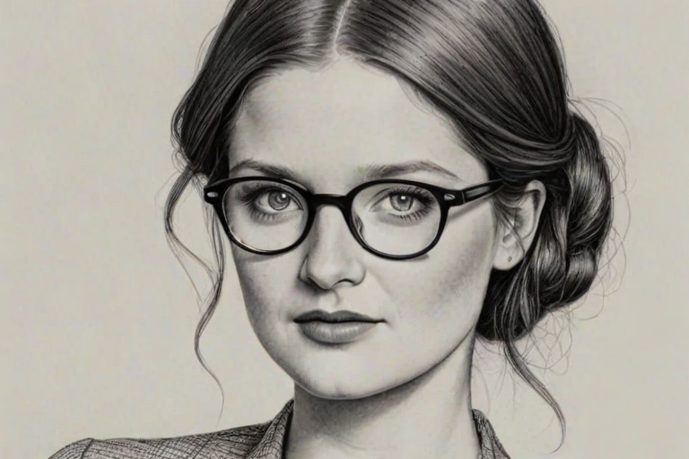 Enticing Bonnie Wright, pencil sketch, portrait of Gorgeous woman 1923s in glasses, hair style beatnik, outline, clear lines, fine lines, 8k