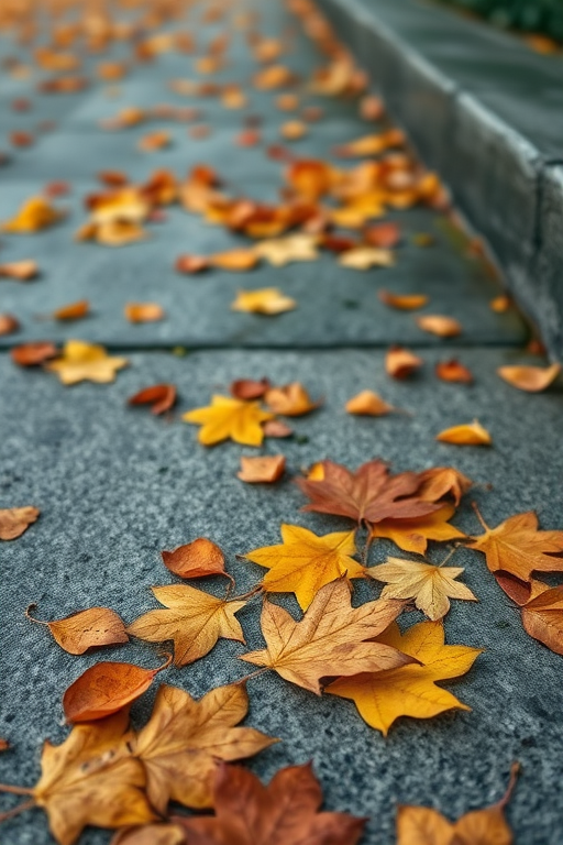 Autumn leaves scattered on a concrete surface, close-up view, natural lighting, DSLR camera, 50mm lens, aperture f/2.8, ISO 200, 1/200 sec shutter speed, shallow depth of field.