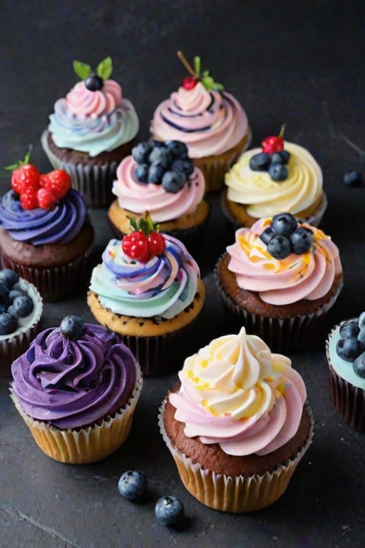 Create an image of beautifully decorated cupcakes with a swirl of creamy frosting in pastel colors. Top each cupcake with fresh blueberries and a drizzle of blueberry sauce. Arrange the cupcakes on a dark background with a few scattered blueberries for a vibrant look.