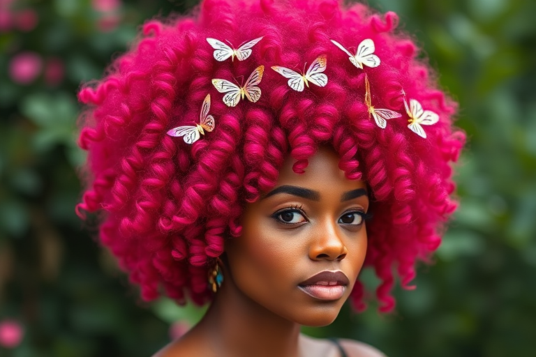Vibrant magenta curls piled high in a voluminous, natural afro adorned with delicate butterfly clips, celebrating the bold and beautiful "Fuchsia Flourish" style
