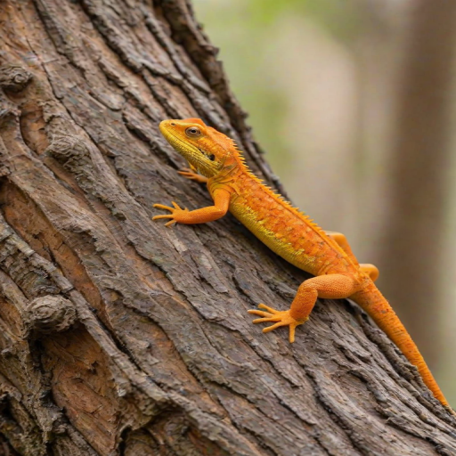 a close-up of a vibrant orange and yellow lizard climbing a textured tree trunk in a natural setting with a soft blurred background