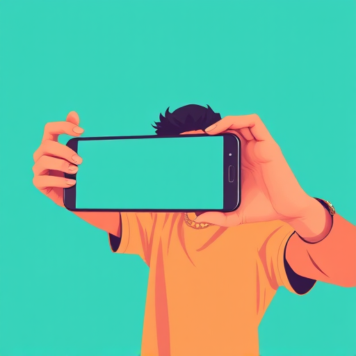 Create a vibrant digital illustration of a person taking a selfie with a smartphone, using a minimalistic style with solid colors, featuring a plain teal background, shot from a slightly low angle to enhance perspective, in high resolution with soft lighting effects, utilizing a DSLR camera with a 50mm lens at f/1.8, ISO 100, and a shutter speed of 1/200s for clarity.