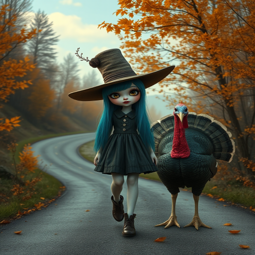 digital art fantasy depicting a strange girl with cyan hair, long eyelashes, brown lipstick and a tall hat walking along a winding road on an autumn afternoon, an Turkey smiles as she passes