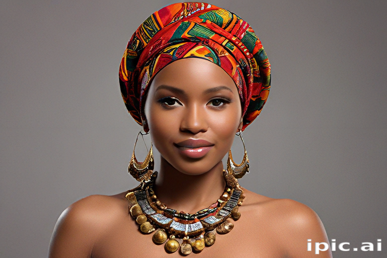 Elegant Portrait of a Woman Adorned in Vibrant African Headwrap and Jewelry