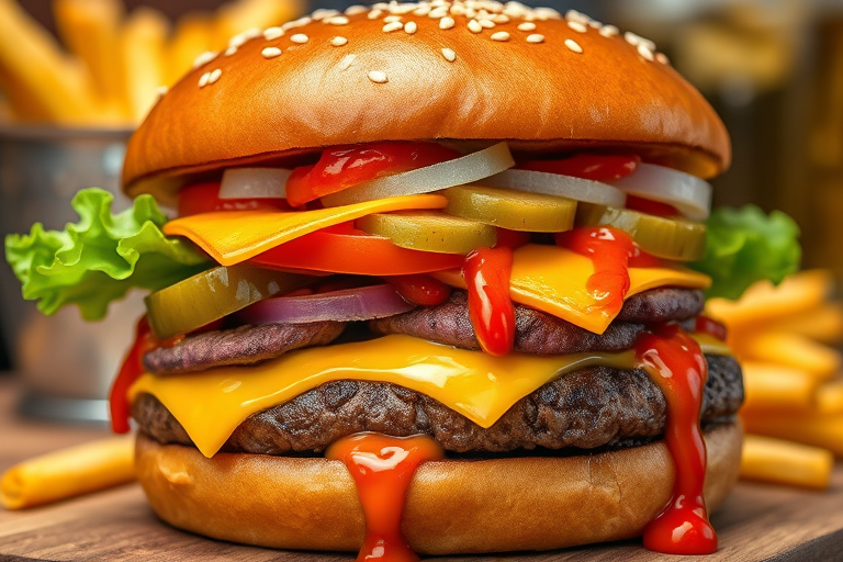 High-resolution, close-up image of a gourmet double cheeseburger. The burger features a glossy, sesame-seed-topped brioche bun. Inside, there are two thick, juicy beef patties, each topped with melted cheddar cheese. The burger is garnished with fresh lettuce, tomato slices, diced onions, and pickles. A generous amount of ketchup and a creamy, orange-colored sauce is dripping down the sides, adding to the mouth-watering appeal. In the background, there are blurred elements including a side of golden French fries and a hint of a beverage, enhancing the overall presentation of a delicious meal.