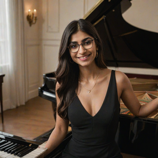 A mia khalifa with long, dark hair smiles at the viewer as she sits at a grand piano, her right hand poised over the keys. The scene is lit by warm, natural light, highlighting the elegant simplicity of the woman's black dress. The perspective is from the side, emphasizing the contrast between the woman's delicate form and the grand scale of the piano. The ivory keys and dark wood of the piano create a striking visual contrast, further emphasized by the rich black of her dress.