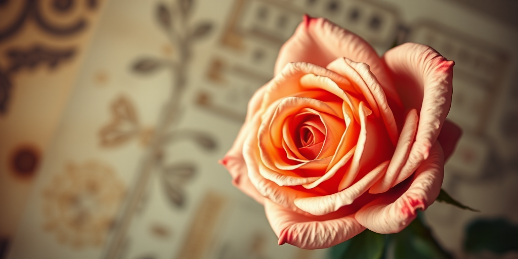 Generate a close-up image of a vintage-style rose with a textured background, using a DSLR camera with a 50mm lens, aperture set to f/2.8, ISO 100, and a soft focus effect to enhance the warmth and detail of the flower.