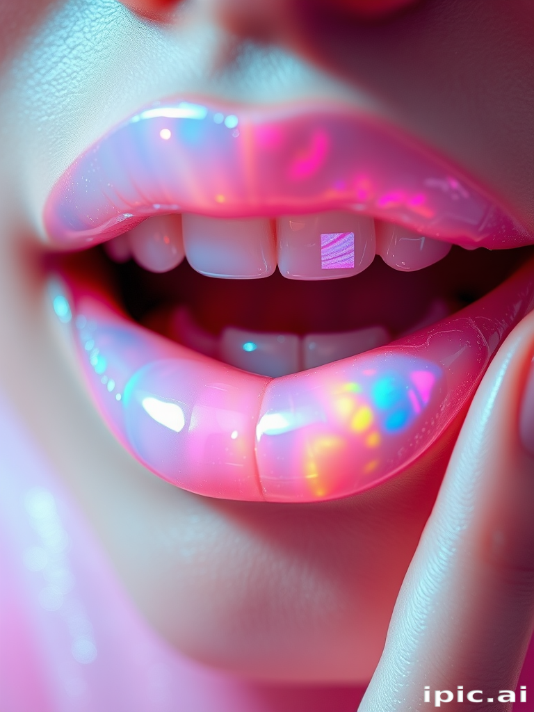 Radiant opal lips shimmer with iridescent white and pastel rainbow hues, creating a magical and ethereal effect perfect for editorial imagery