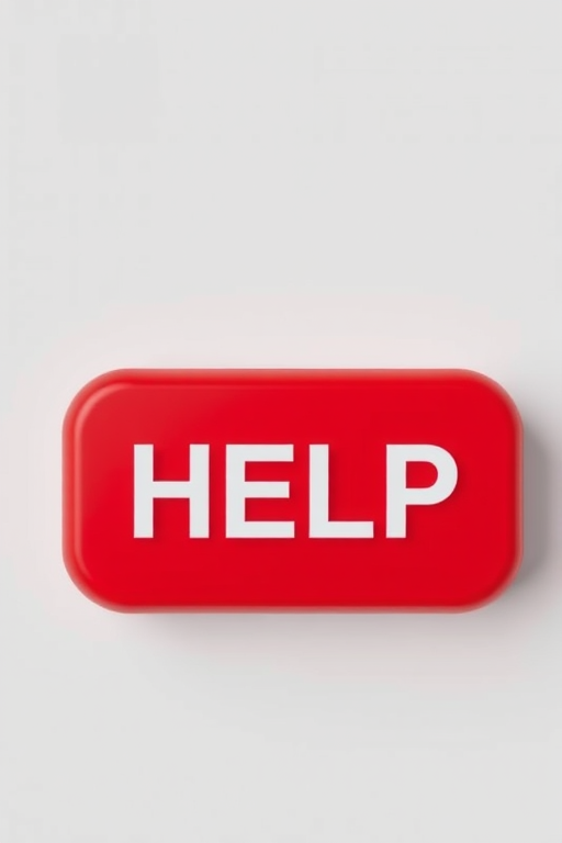 Create a high-resolution image of a red help button with the word "HELP" in bold white letters, use a DSLR camera, f-stop of f/2.8, ISO 100, 50mm lens, shot from a top-down angle with soft lighting to enhance details and reduce shadows.