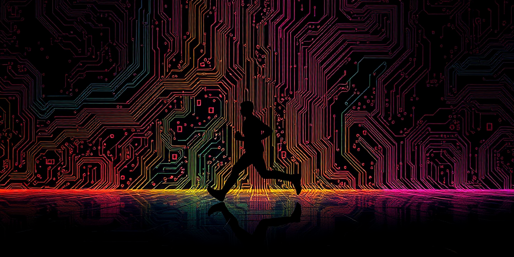 Generate an abstract image of a silhouette running against a backdrop of colorful circuit board patterns with a dark gradient, using a DSLR camera, 50mm lens, f/1.8 aperture, ISO 200, and a wide-angle perspective to enhance clarity and depth.