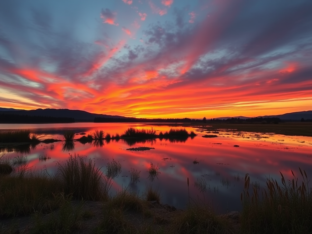 Create a high-resolution image of a serene landscape at sunset with vibrant hues reflecting off a calm lake, using a DSLR camera at f/8 aperture, ISO 100, 1/125 sec shutter speed, 24mm focal length, wide-angle view, and natural lighting to enhance details and colors.