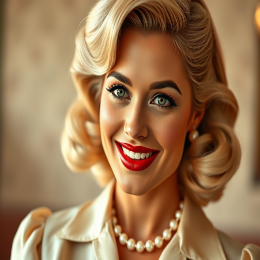A beautiful Latino woman reminiscent of 1950s Hollywood glamour, with perfectly styled blonde hair and a seductive smile, dressed in a satin blouse and adorned with pearls, soft and warm tones, photorealistic, 8K