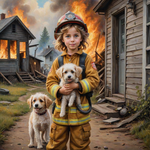 airbrushed oil painting, pixar style, cute little girl in fireman gear, helmet, tousled hair, expressive eyes, standing in the doorstep of a cottage burning behind him, holding a cute little dog in her arm, atumn sky