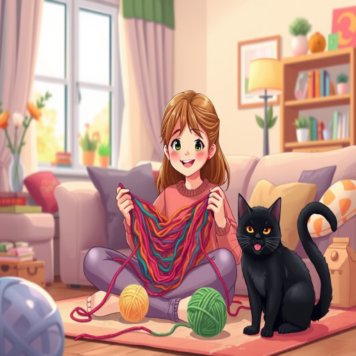 Illustrate a cheerful girl knitting with colorful yarn in a cozy living room, a playful black cat beside her, using a soft focus lens, 50mm focal length, aperture f/2.8, high resolution, vibrant colors.