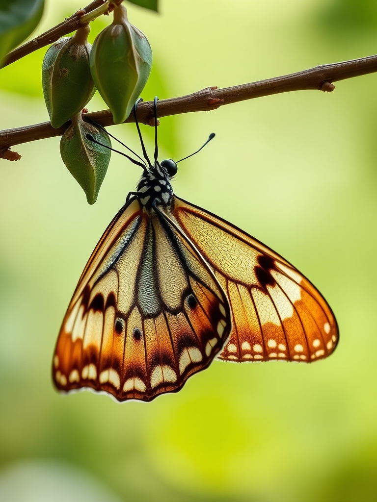 Generate an image of a butterfly emerging from its chrysalis. The scene should feature a close-up of the butterfly with intricate patterns on its wings, hanging from a branch with several green and brown chrysalises nearby. The background should be softly blurred to emphasize the butterfly and chrysalises.