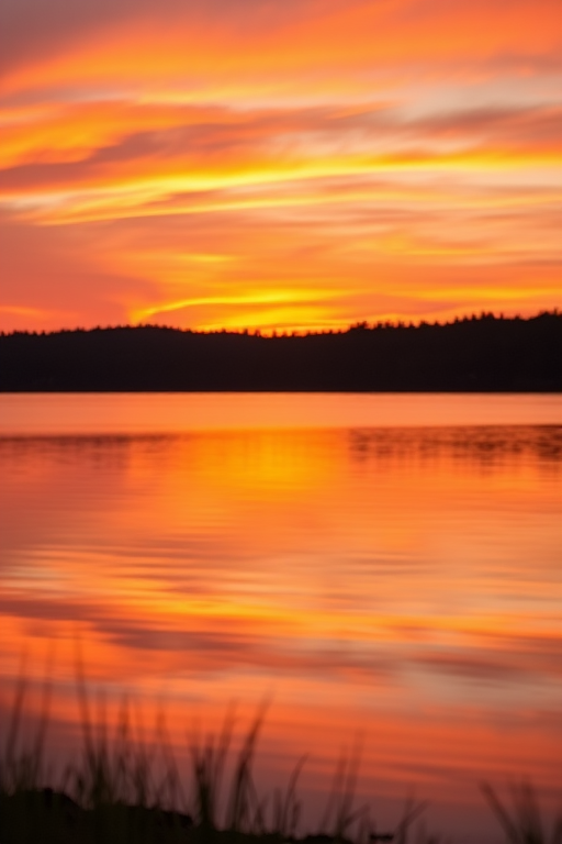 Generate a highly detailed image of a vibrant sunset over a serene lake, shot with a Canon EOS R5 using a 24-70mm f/2.8 lens at f/8, ISO 100, 1/200s, in landscape orientation with soft focus on the foreground to create depth.