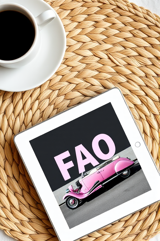 Create a cozy flat lay scene featuring a cup of black coffee on a white saucer, an iPad displaying the word FAQ in bold letters, a vintage pink car photograph, and a woven straw mat background, using a DSLR camera, aperture f/2.8, ISO 100, natural lighting, top-down view for enhanced detail and clarity.