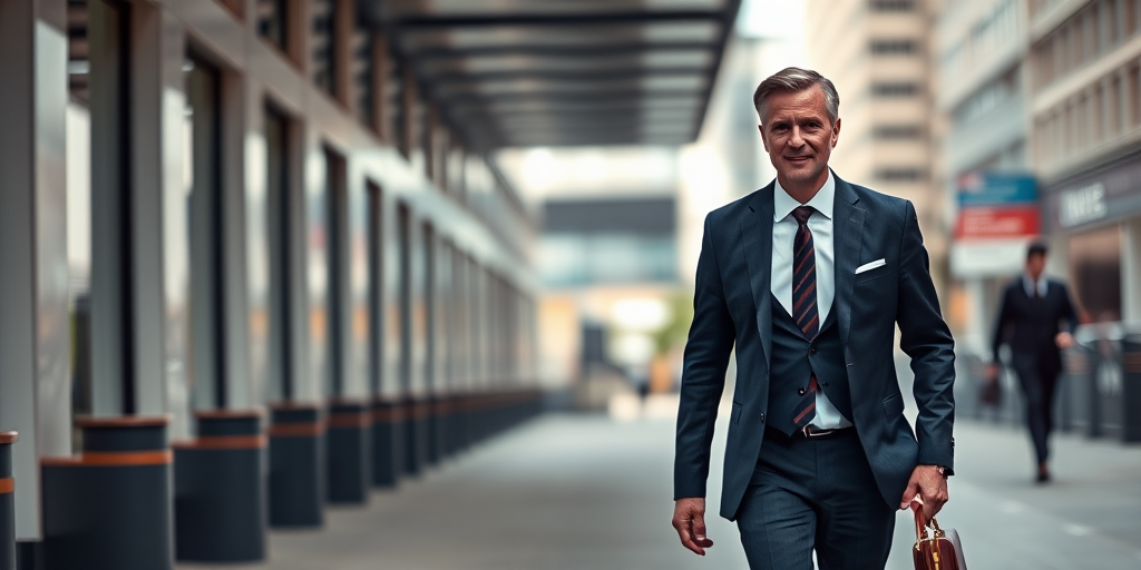 man in a tailored suit walking confidently with a briefcase in an urban setting, depth of field, focal length 50mm, aperture f/2.8, shutter speed 1/200s, ISO 100, natural lighting, captured with a full-frame DSLR camera