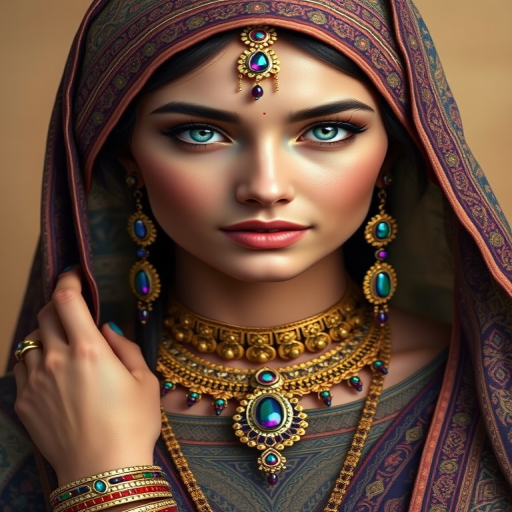 Create a portrait of a beautiful Persian woman with striking cyan eyes and a gentle expression. She is adorned in traditional attire with intricate patterns, including a richly embroidered headscarf and matching garments. Her jewelry includes a delicate headpiece, dangling earrings, and ornate bracelets, all featuring vibrant gemstones and detailed metalwork. The background is soft and warm, enhancing the rich colors of her outfit and jewelry.