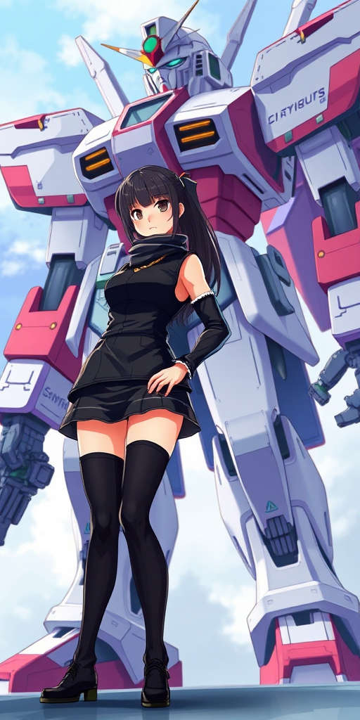 Create an anime-style illustration featuring a young woman in a black outfit standing confidently in front of a large robot, with vibrant colors and intricate details, shot with a DSLR camera at f/2.8 aperture, 50mm lens, with a shallow depth of field to enhance the subject and a soft focus background.