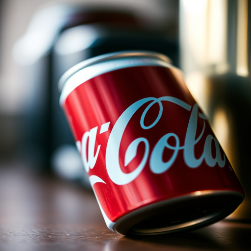 Close-up of a Coca-Cola can positioned at a slight angle, captured with a 50mm lens, f/2.8 aperture, ISO 100, 1/125 sec shutter speed, soft natural lighting, and a shallow depth of field to enhance detail and focus on the can.