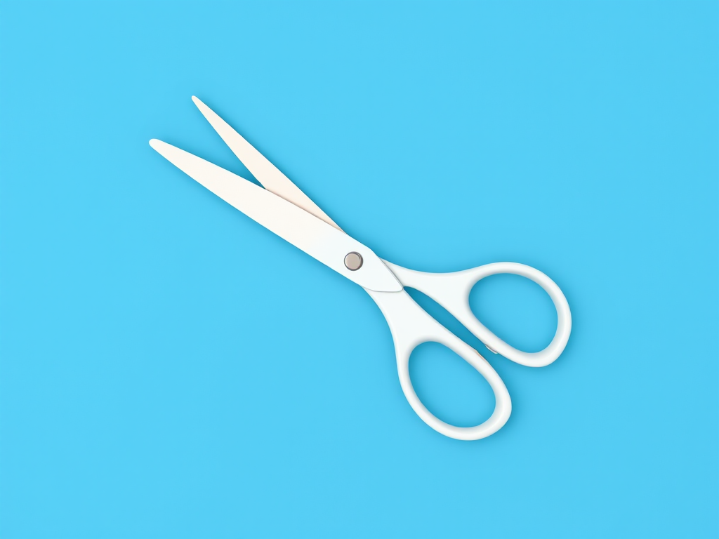 Create a digital illustration of a pair of white scissors on a solid blue background, using a Canon EOS R5, 50mm lens, aperture f/2.8, ISO 100, and focus on sharp details and vibrant colors.