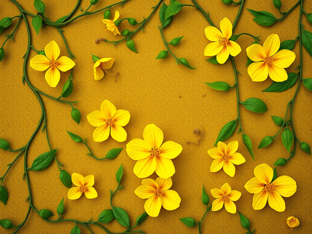 Create a vibrant floral pattern with yellow flowers and green vines on a textured olive background, captured with a Canon EOS R5, 50mm lens, f/2.8 aperture, 1/125 sec shutter speed, and soft natural lighting for enhanced detail and depth.