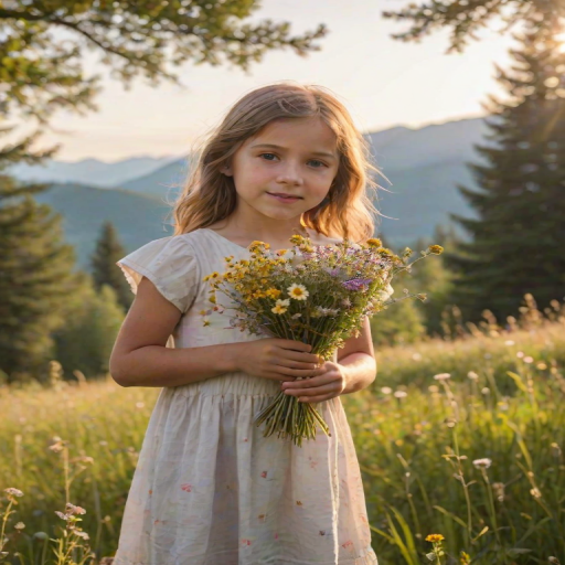 Soft-focus image of a young girl holding a bouquet of wildflowers in a sunlit meadow, soft golden light filtering through the trees, with distant mountains barely visible in the background.