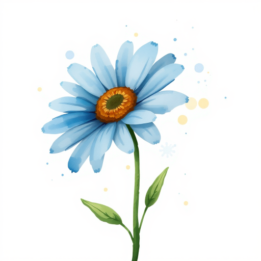 A single blue daisy flower in a loose, whimsical watercolor style. The petals are unevenly spread, with soft blue and brown tones. The stem is thin and slightly curved, with two green leaves, while watercolor splatters create an organic, artistic effect around the flower. The background is light beige with natural watercolor textures and splashes.