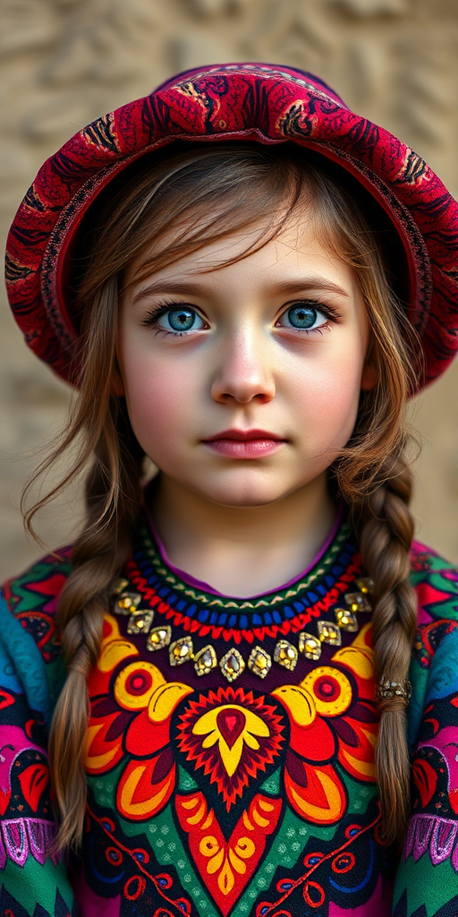 A beautiful Ashkenazi girl, wearing colorful bird clothing with vibrant colors