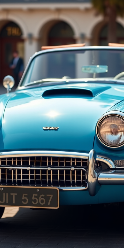 front view of a classic blue convertible car, well-lit, captured with a DSLR camera, 50mm lens, aperture f/8, ISO 100, natural sunlight, sharp focus on the car details, slight bokeh in the background