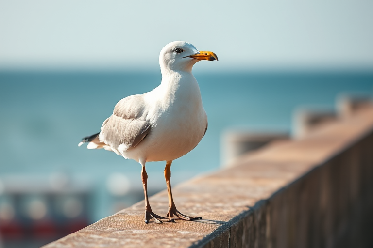 Capture a close-up of a seagull standing on a ledge with a blurred background, using a Canon EOS R5, 85mm lens, f/2.8 aperture, ISO 200, 1/500s shutter speed, natural daylight for vibrant colors.