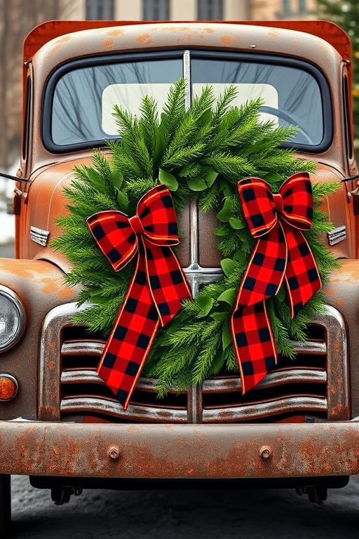Generate an image of a vintage truck with a rustic appearance. The truck should have a festive Christmas wreath attached to the front, featuring lush green foliage and two large red and black checkered bows. The setting should evoke a warm holiday atmosphere, possibly with hints of winter greenery in the background.