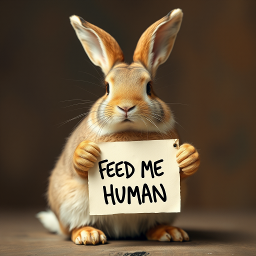 rabbit holding a note which says "FEED ME HUMAN"