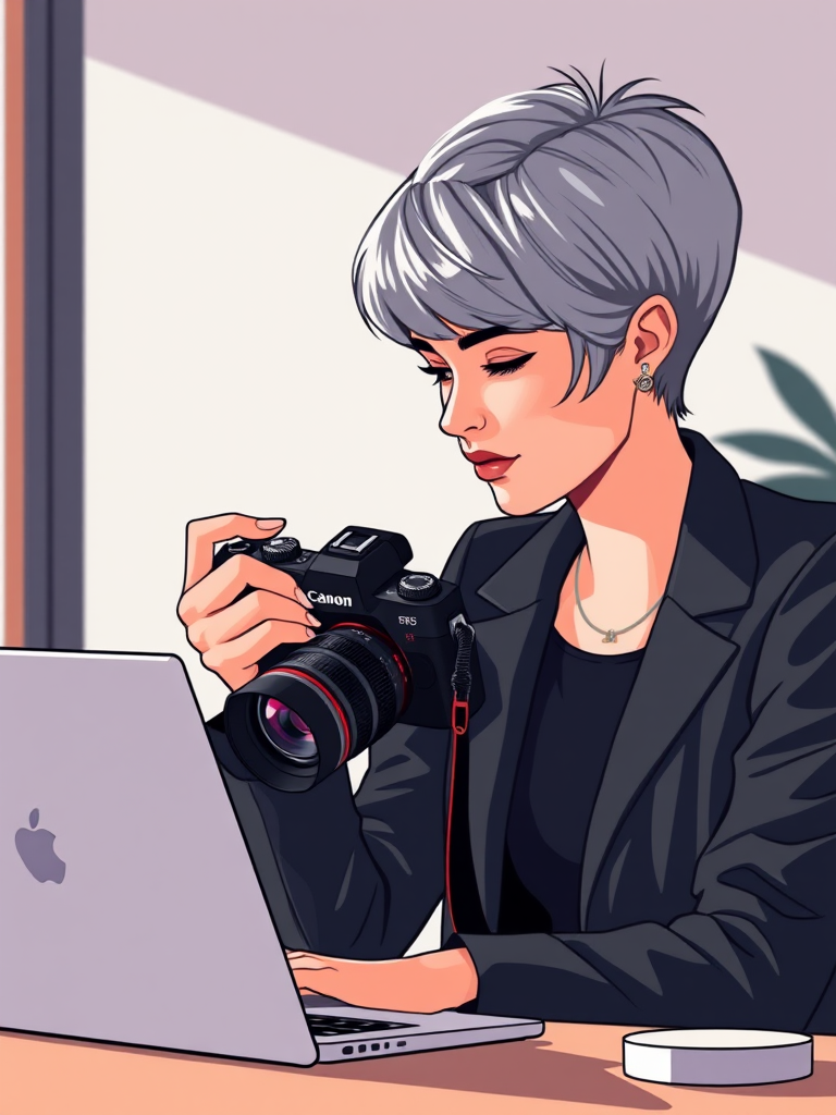 Generate an illustration of a young woman with short gray hair in a stylish black blazer, sitting at a desk working on a laptop, using a Canon EOS R5 camera with a 50mm lens, f/2.8 aperture, ISO 100, soft natural light, with a focus on clean lines and vibrant colors.