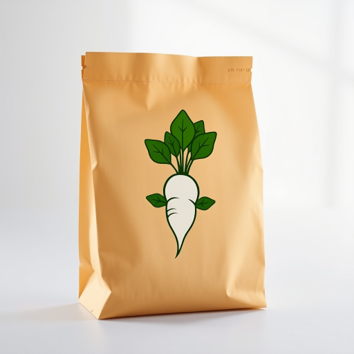 Create a high-quality illustration of a paper bag with a stylized white radish and green leaves design, using a DSLR camera, 50mm lens, f/1.8 aperture, ISO 100, in a well-lit studio setting with soft diffused lighting.