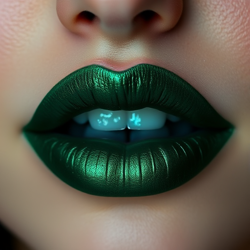Mysterious "Enchanted Forest" lip stain creates a deep emerald green hue on perfectly shaped lips, featuring a long-lasting formula with a subtle metallic sheen