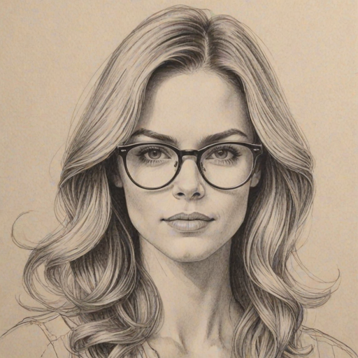 Exquisite Samantha Ponder, pencil sketch, portrait of Bewitching woman 1975s in glasses, hair style beatnik, outline, clear lines, fine lines, 8k