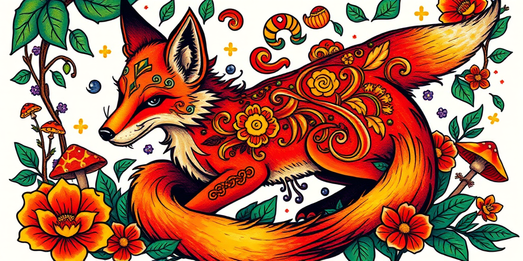 Colorful neo-traditional tattoo named "Enchanted Forest Guardian" depicting a mystical fox with vibrant orange and red fur adorned with intricate floral patterns and swirling designs, surrounded by lush foliage and magical elements like glowing mushrooms and fireflies, all rendered in a bold and stylized manner with saturated colors and strong black outlines