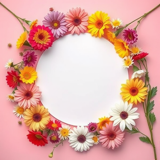 regenerate the image of a flat lay composition with a blank circular white space surrounded by colorful flowers on a pink background, using a DSLR camera, aperture f/2.8, shutter speed 1/125s, focal length 50mm, overhead view, soft natural lighting for enhanced quality