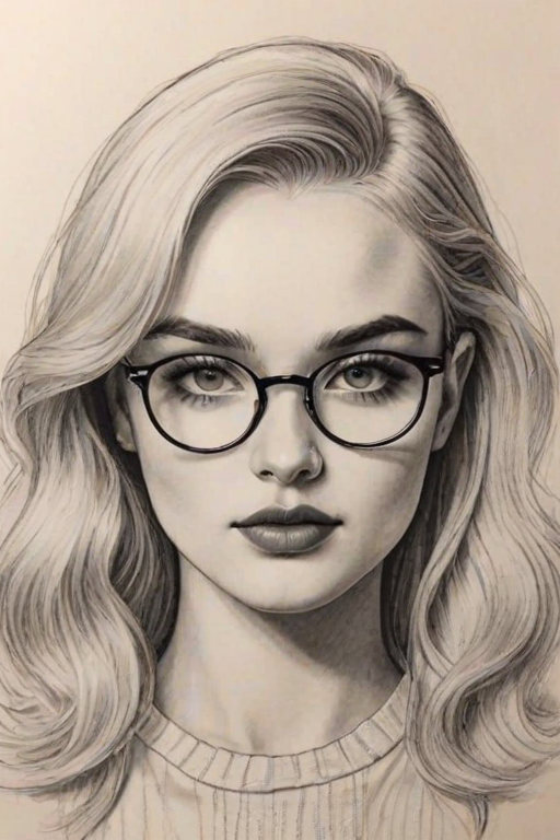 Ravishing Kim Petras, pencil sketch, portrait of Magnificent woman 1928s in glasses, hair style beatnik, outline, clear lines, fine lines, 8k
