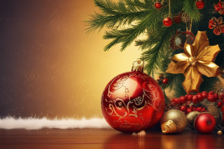 Festive Christmas Scene with Ornaments, Pine Branches, and Golden ...