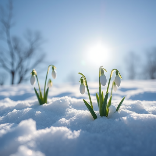 Create a high-resolution digital illustration of snowdrop flowers emerging from white snow against a clear blue sky, with sunlight gently illuminating the scene, using a Canon EOS R5 with a 50mm f/1.2 lens, aperture set to f/2.8, shutter speed 1/200s, ISO 100, in landscape orientation.