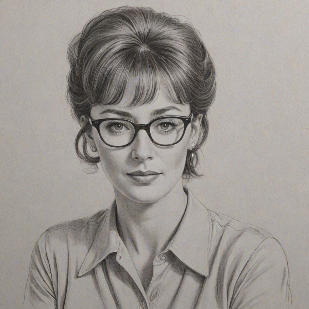 Charming Patricia Richardson, pencil sketch, portrait of Superb woman 1949s in glasses, hair style beatnik, outline, clear lines, fine lines, 8k