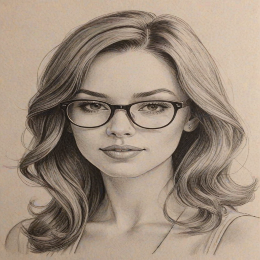 Delightful Jillian Rose Reed, pencil sketch, portrait of Alluring woman 1969s in glasses, hair style beatnik, outline, clear lines, fine lines, 8k