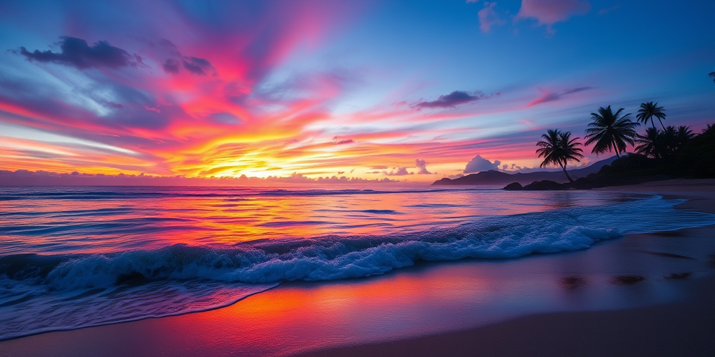 Create a high-resolution image of a peaceful beach sunset with vibrant colors, soft waves, and palm silhouettes, using a DSLR camera at f/8 aperture, ISO 100, shutter speed 1/125s, taken from a low angle with a wide-angle lens for an immersive perspective.