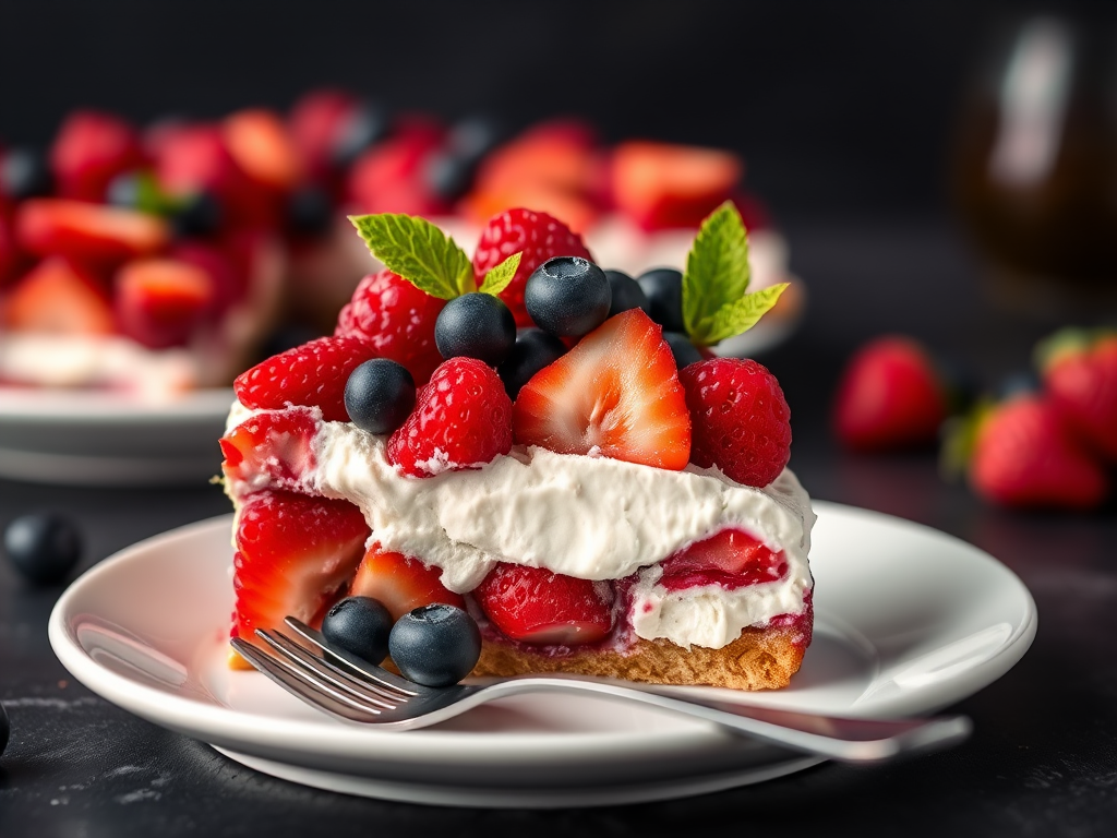 A close-up view of a slice of berry dessert with layers of cream and mixed berries including strawberries, raspberries, and blueberries on a white plate with a fork beside it, soft focus background with more dessert and a dark surface.