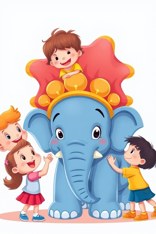 Create a vibrant and playful illustration of children interacting with a cartoon elephant, using bright colors and exaggerated features, with a clean background, shot with a DSLR camera at f/8 aperture, ISO 200, 50mm lens, and a shallow depth of field for enhanced image quality.